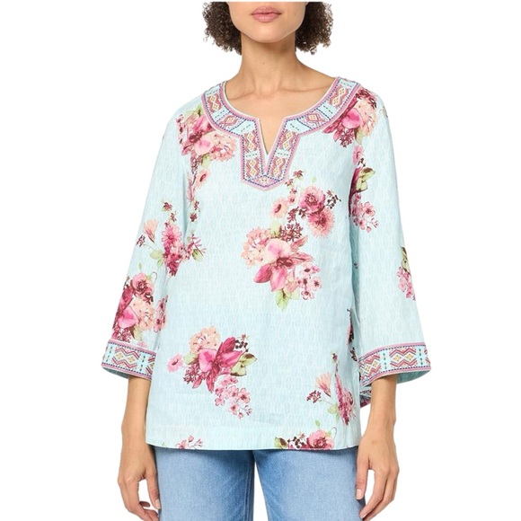 John Mark Tops - John Mark V-Neck Linen Blend Floral Beaded Tunic Top L Blue Pink Beachy Coastal